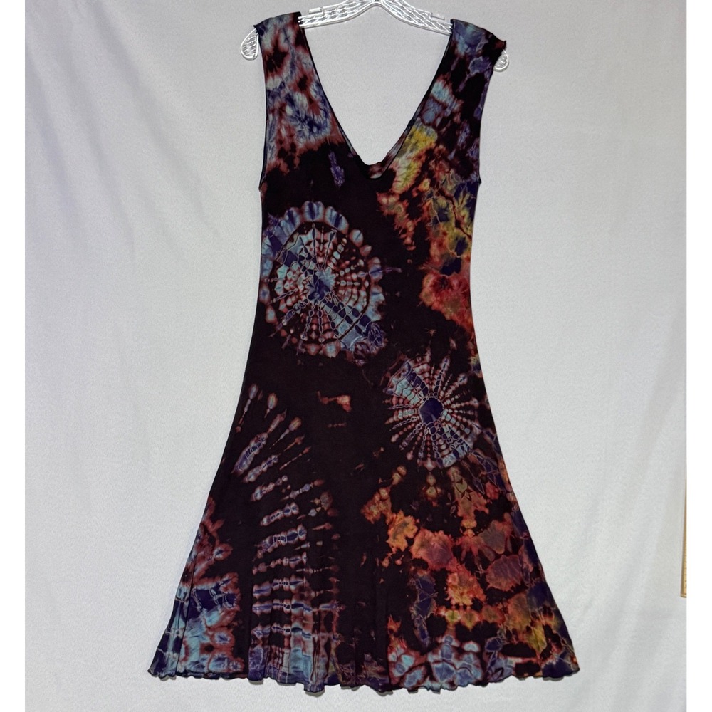 Handmade Tie Dye Rayon Midi Dress Women OS Multicolor Boho Hippie Psychedelic
